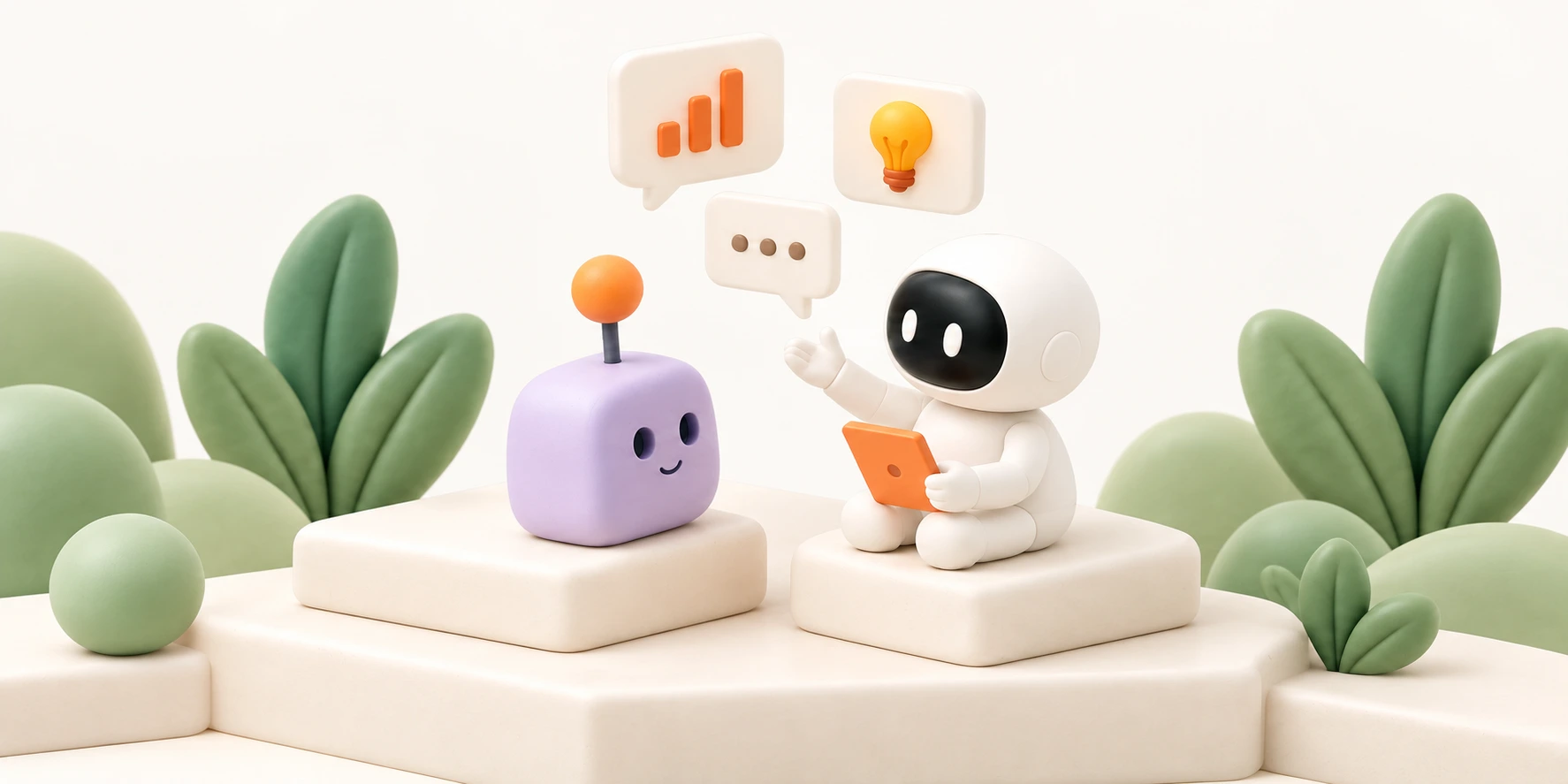 A white robot teaches a purple clay agent, with floating chart, idea, and conversation symbols above them.