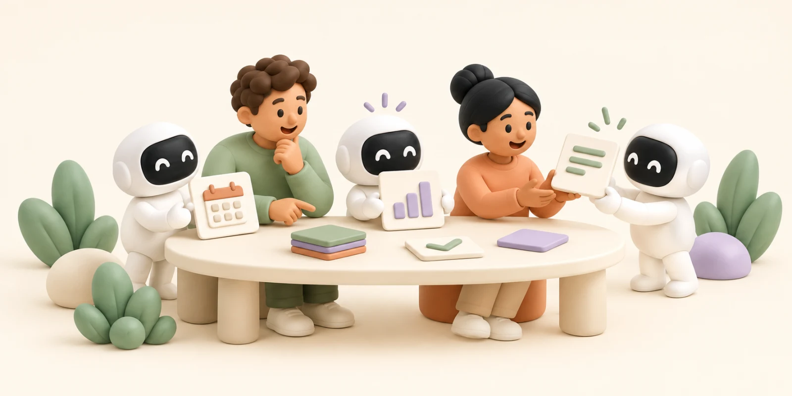 People and clay AI agents sort calendars, charts, and documents around a shared worktable.