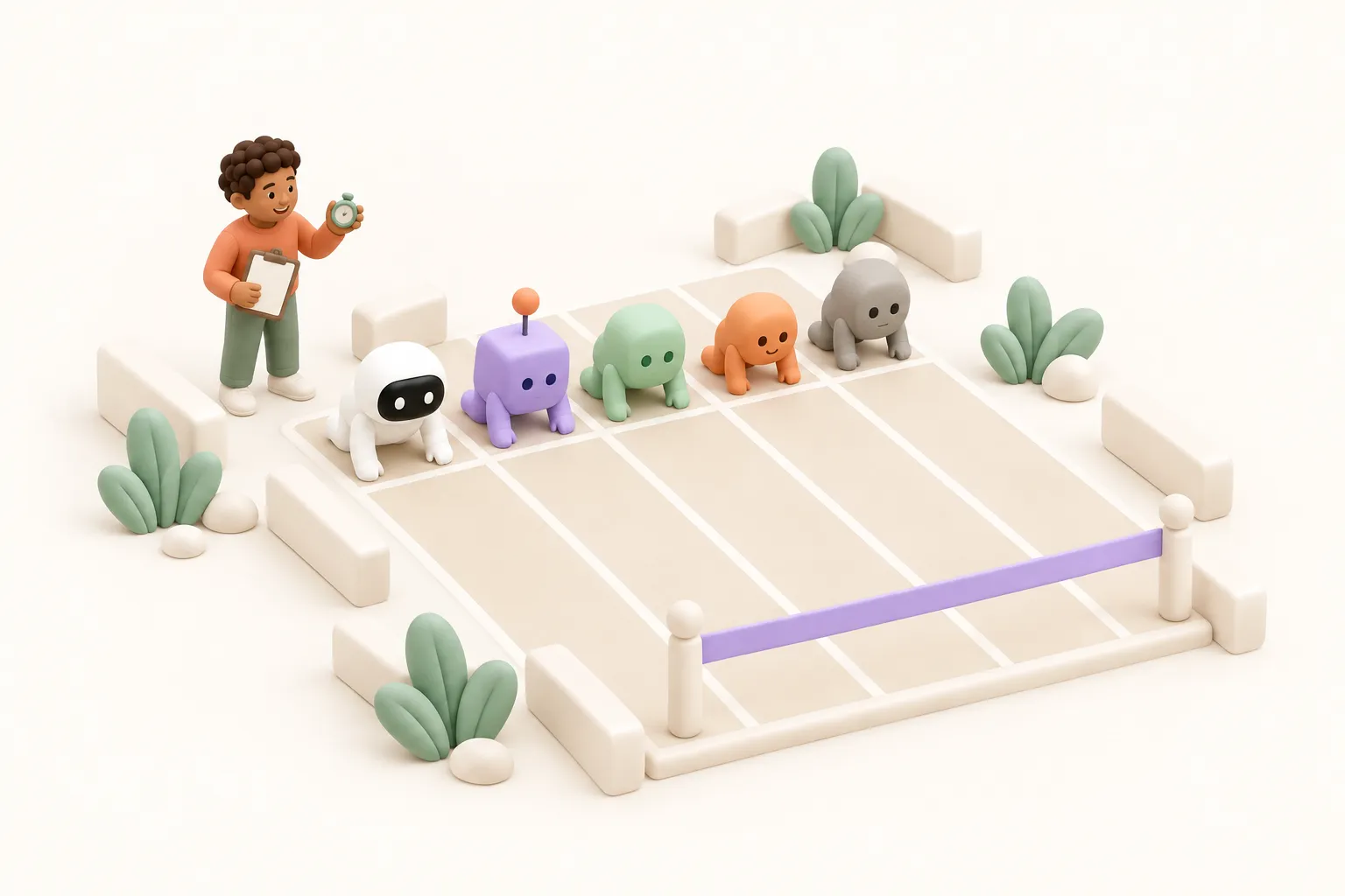 Five clay agents crouch at the start line of a running track, while a person with a stopwatch and clipboard times them.