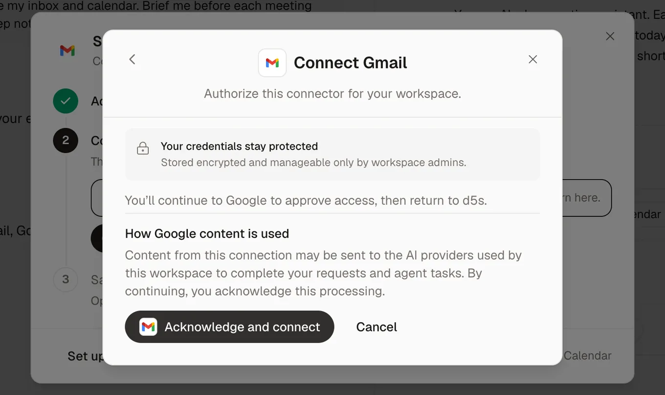 The Connect Gmail notice. It says how Google content is used and has the buttons Acknowledge and connect and Cancel.