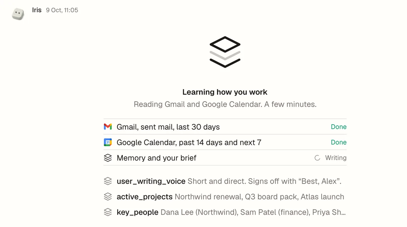 Learning how you work. Gmail and Google Calendar show Done, and the agent writes its memory and your brief.