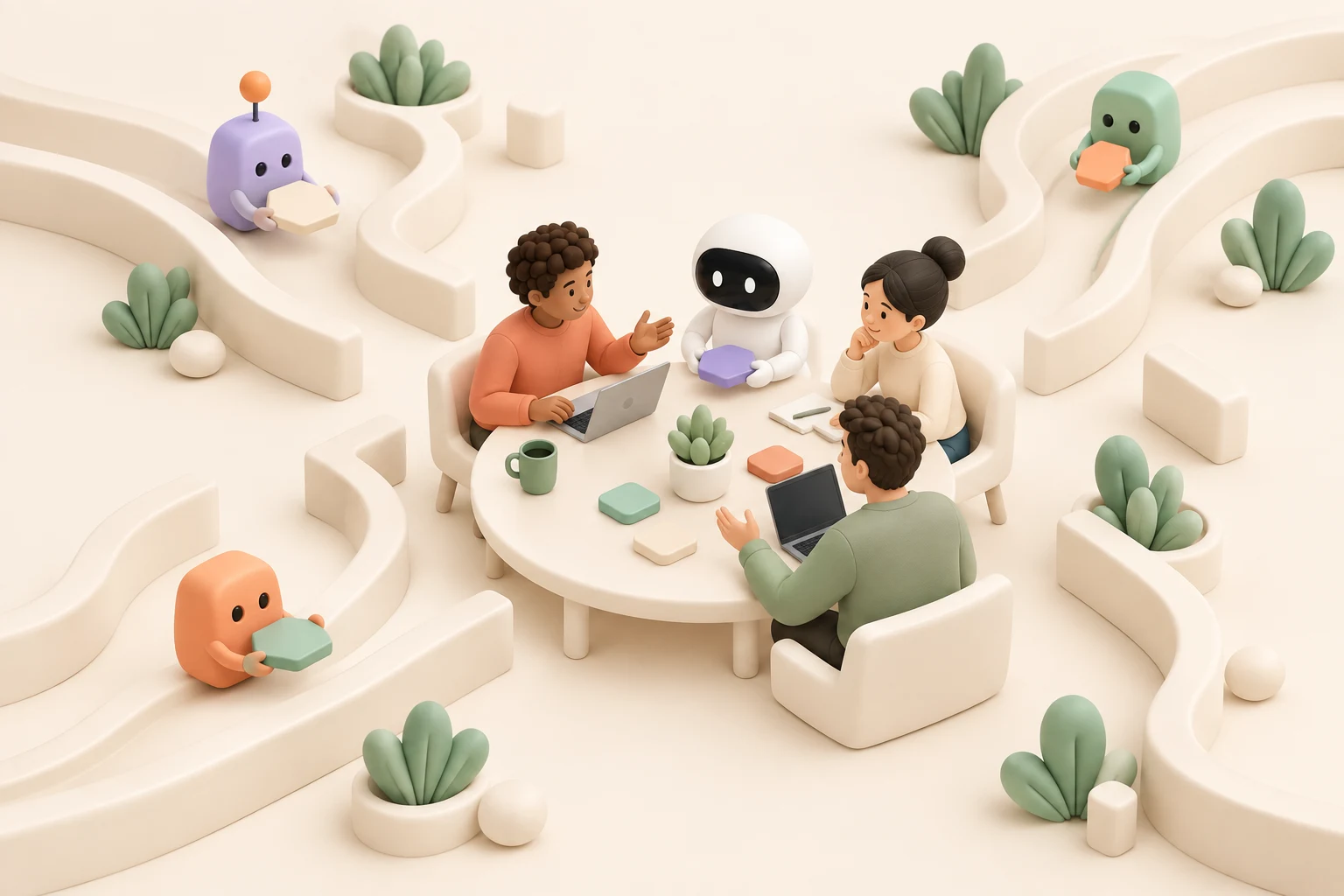 Clay diorama of people and friendly AI agents collaborating around a shared table, with agents moving work through open paths.