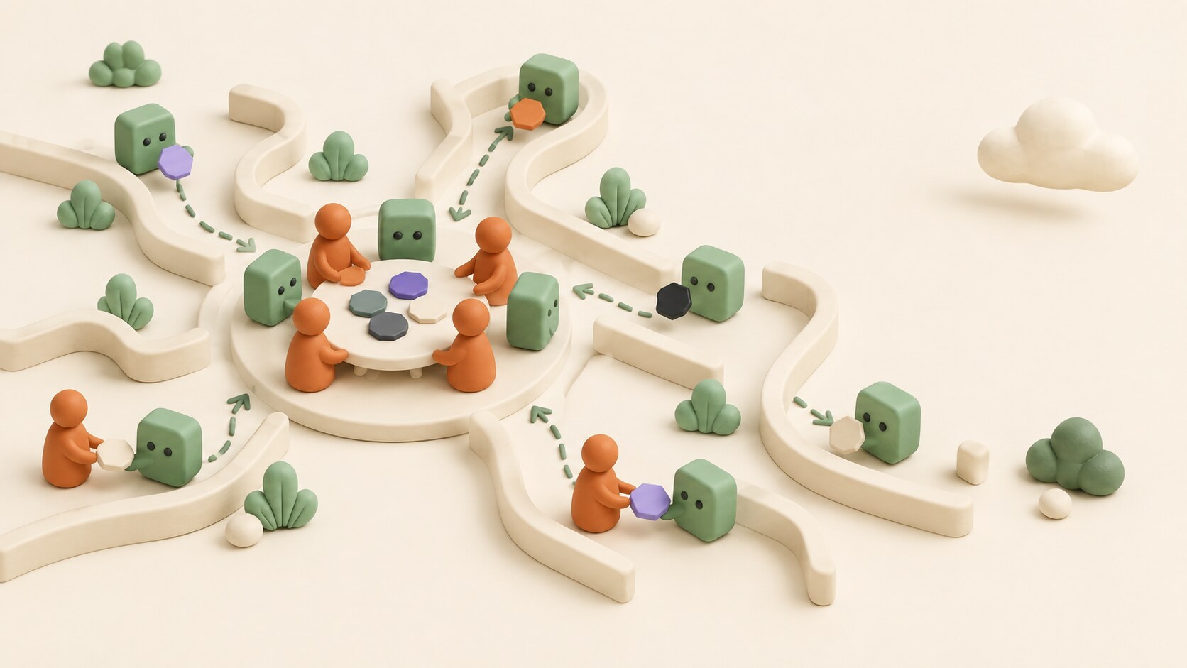 Clay diorama of people and friendly AI agents collaborating around a shared table, with agents moving work through open paths.