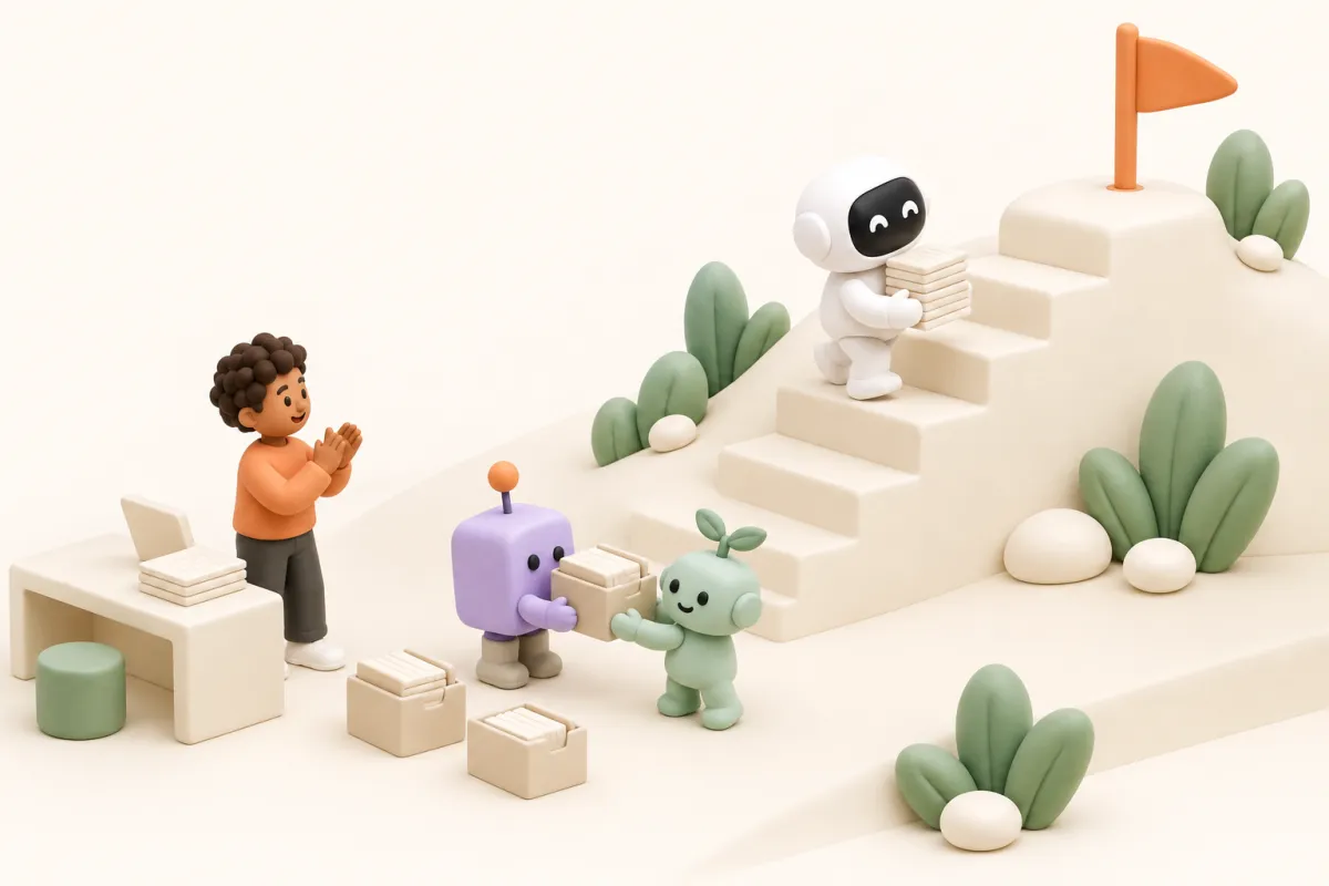 A clay robot carries a stack of pages up steps toward an orange flag on a hill while a person watches from a desk.