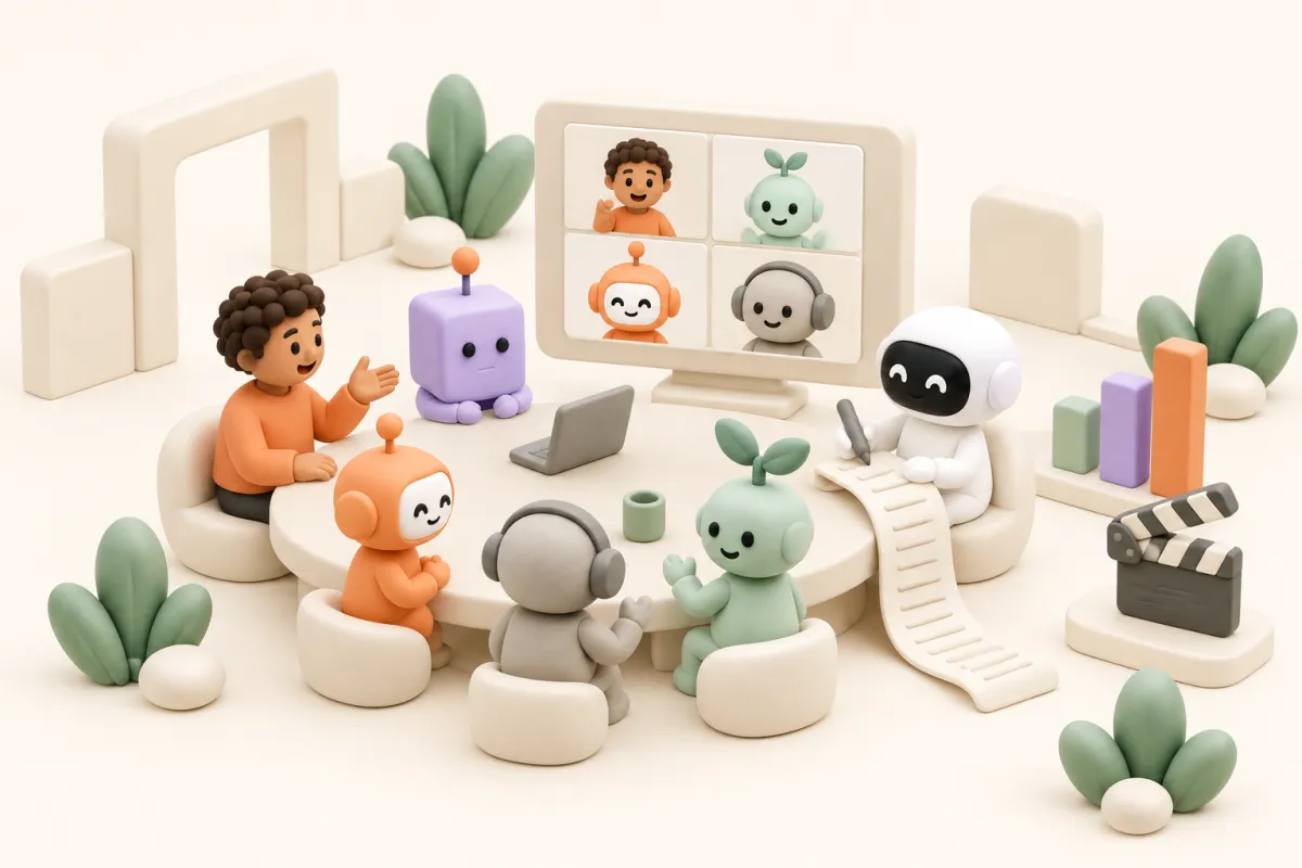 Clay agents and a person sit at a meeting table while a robot writes a long note, next to a bar chart and a film clapper.