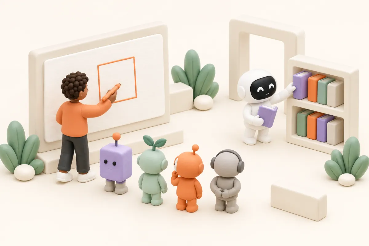 A person draws an orange box on a clay board while a robot places a book on a shelf of skill books.