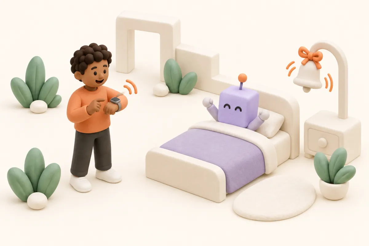 A person talks to a clay smartwatch while a lavender robot wakes up in bed as a bell rings.